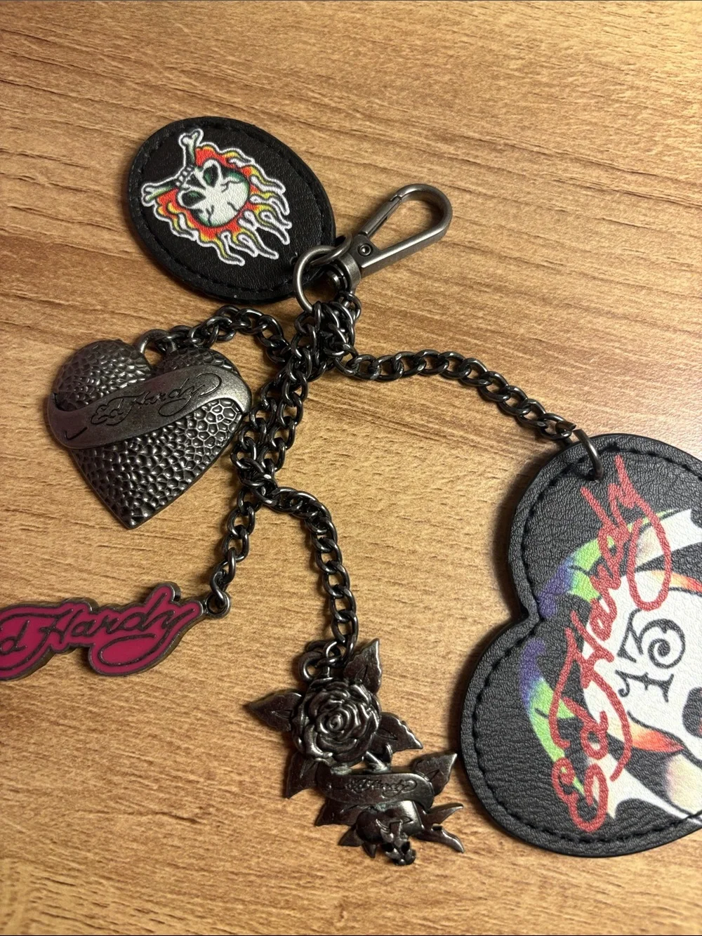 Ed Hardy Black Keychain with Red, White & Green Skull Heart Charms